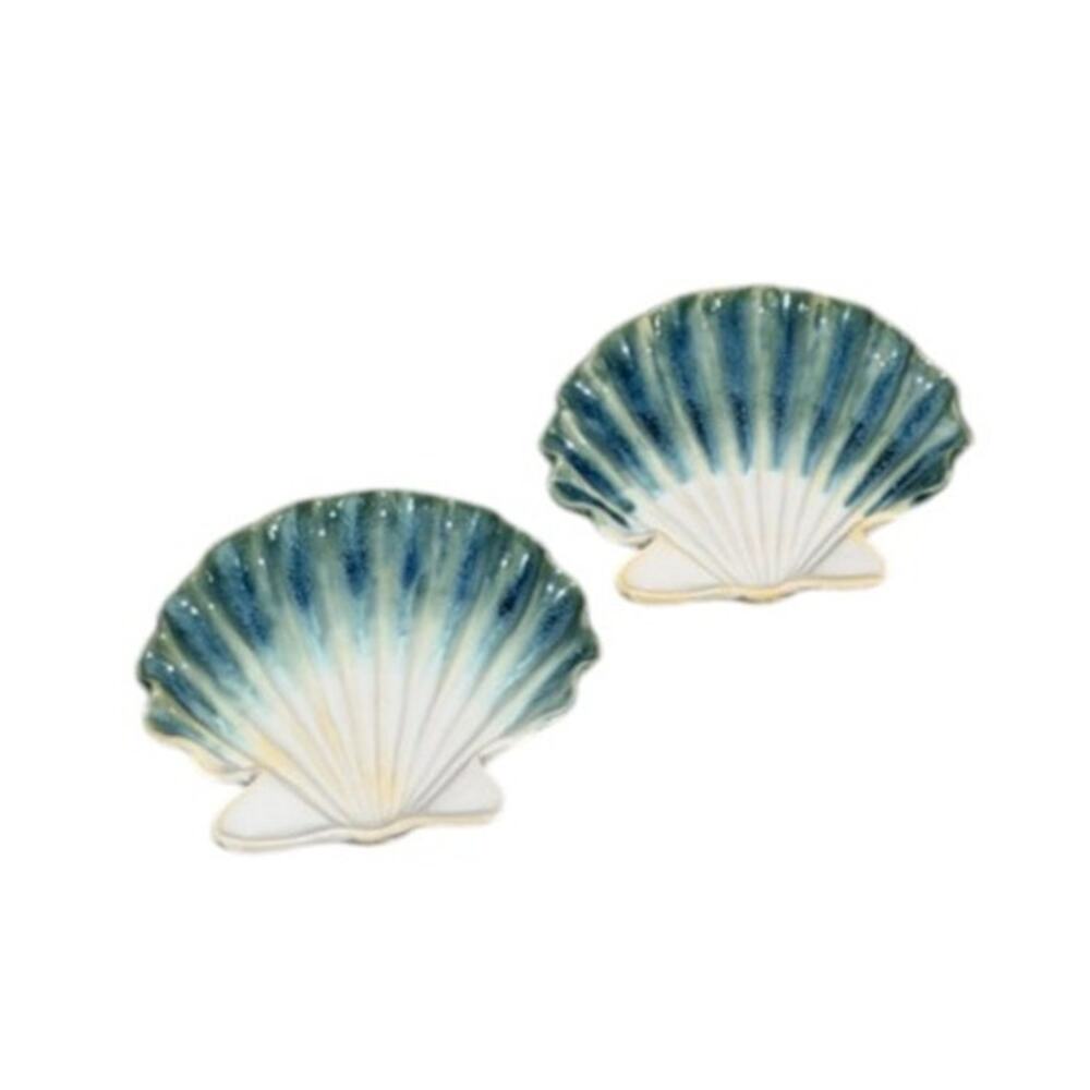 Abigails Italian Pottery Shell Footed Dishes Set of 2 Coastal